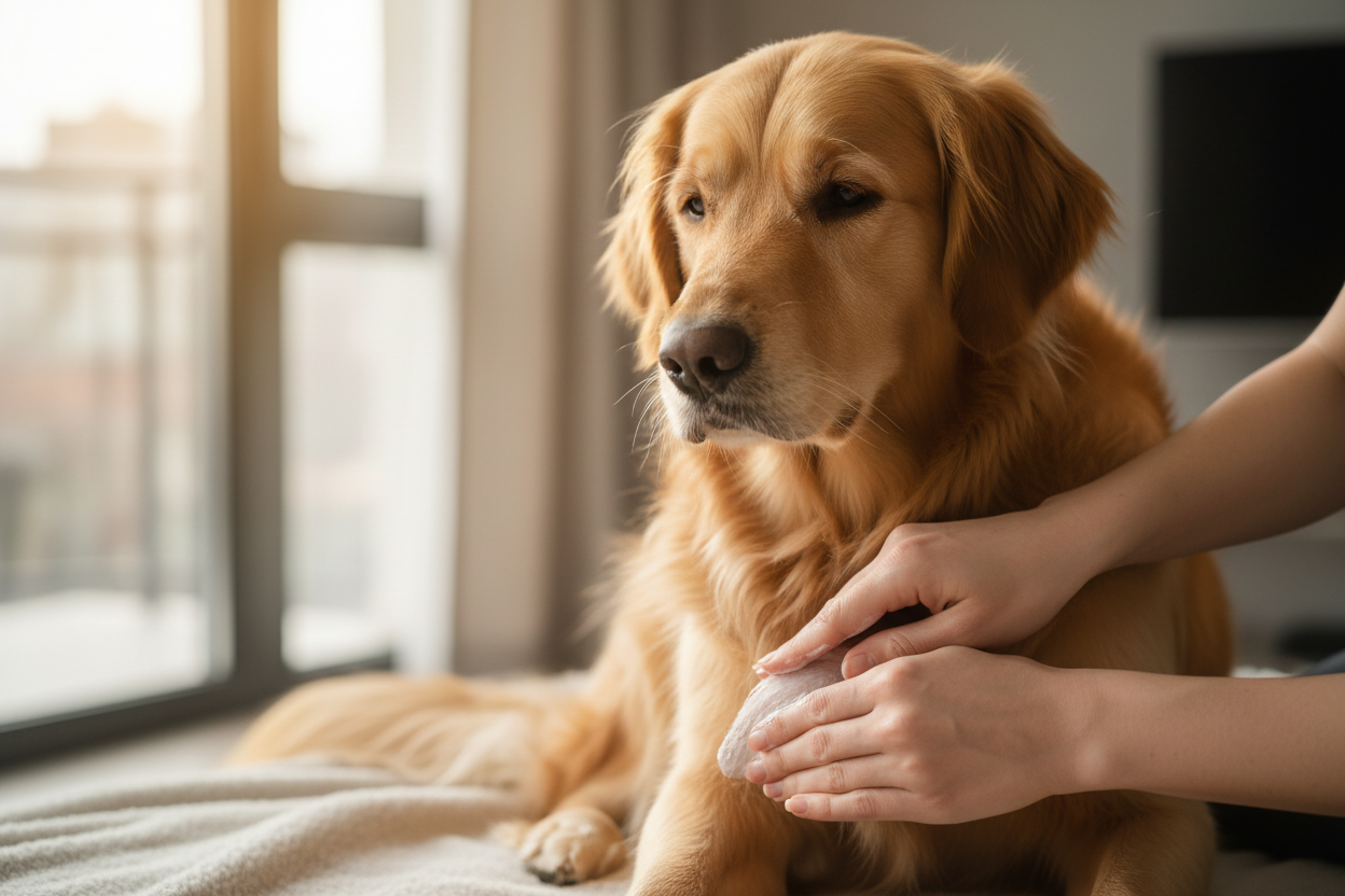 Hund sitzt, keine Tube im Bild, Mensch ohne Handschuhe